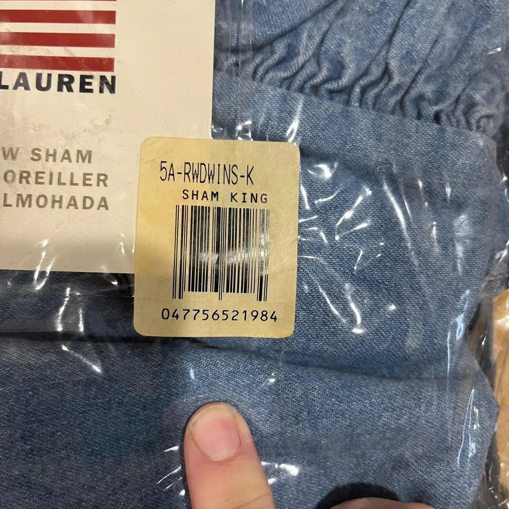 Ralph‎ Lauren Windward Ruffle Denim King Pillow Sham Blue Cotton Made in USA